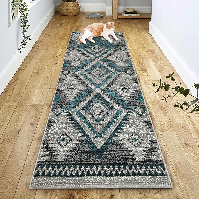 YHSF South West Native American Rug Ritz – Native Tribal American Indian Inspired Rug - Living Room, Bedroom, Hallway, Entryway & High-Traffic Area Rugs - Washable - Soft - Steel, 2 Feet x 7 Feet