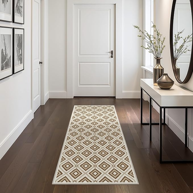 Bavni Hallway Runner Rug Machine Washable, 2x5 Non Slip Lightweight Washable Runners, Moroccan Checkered Rug for Entryway Laundry Kitchen Bathroom Corridor Bedside, Yellow Brown