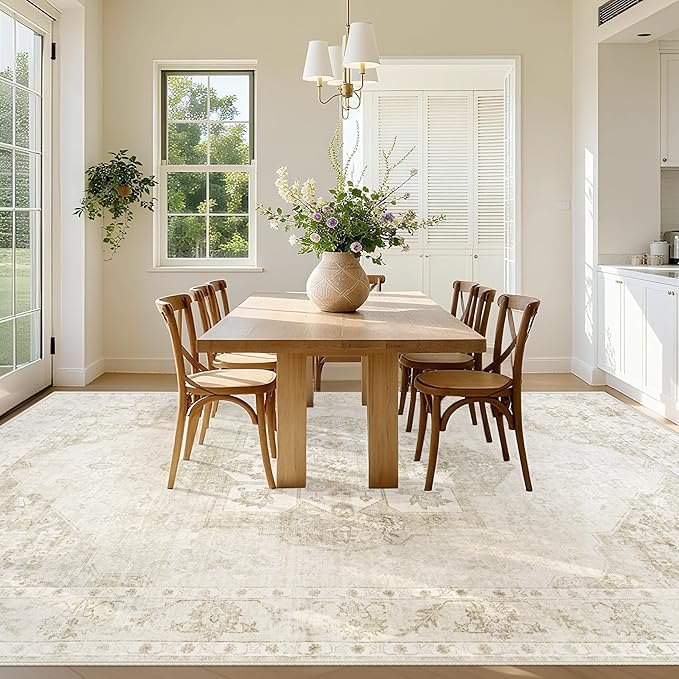8x10 Area Rugs Washable Rugs for Living Room, Large Vintage Boho Rug Non-Slip Soft Floral Distressed Rug Low Pile Stain Resistant Carpet for Bedroom Nursery Office Dining Room Farmhouse(Beige, 8'x10')