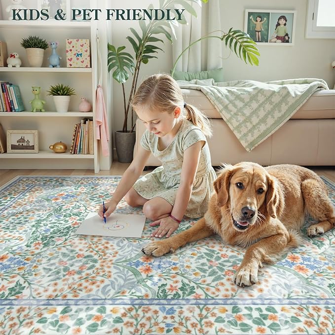 Lahome Floral Washable Rugs 8x10, Soft Green 8x10 Area Rugs for Living Room Bedroom, Boho Non-Slip Forest Stain Resistance Large Throw Carpet for Farmhouse Dining Room Office, Green