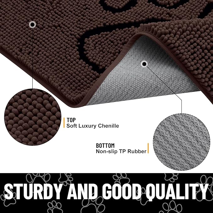 Smiry Dog Door Mat for Muddy Paws, Absorbent Dirt Trapper Non Slip Quick Dry Washable Chenille Mat for Mud Dogs, Entry Rug for Indoor and Outdoor (48x30 Inches, Brown and Black)
