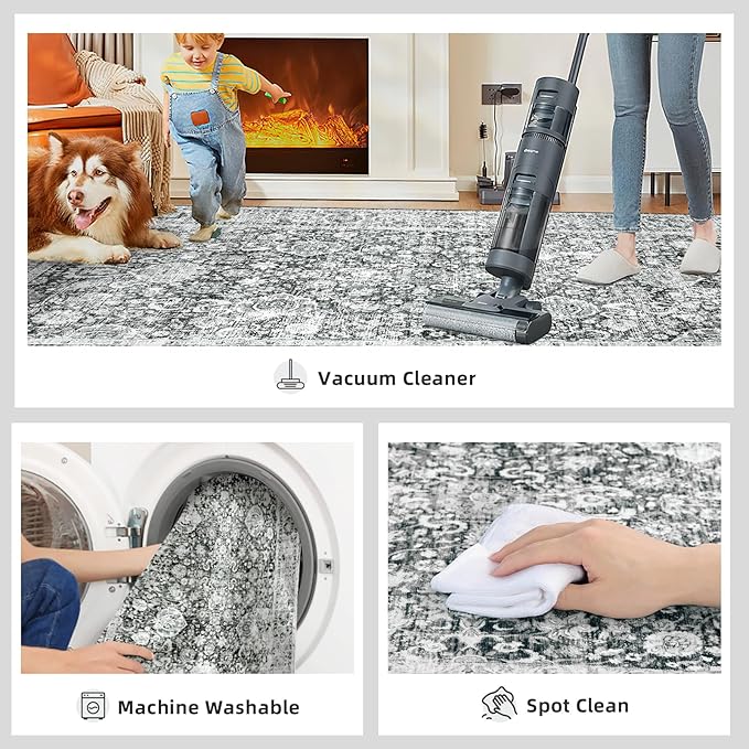 Deerly Grey Rug 6x9 Rugs for Living Room Distressed, Washable Area Rugs Non Slip Large Rug for Bedroom Dining Room Office, Floor Decoration Big Rug Mat Low-Pile(Grey)