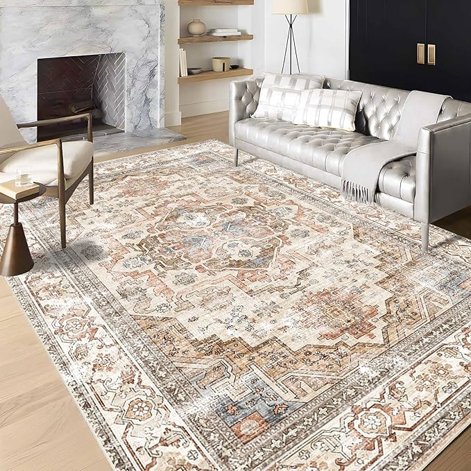 Enkor Area Soft Rugs 6x9 Washable Non Slip Boho Floor Rugs for Living Room Bedroom, Vintage Style Farmhouse Mat for Kitchen Entryway Beige & Brown