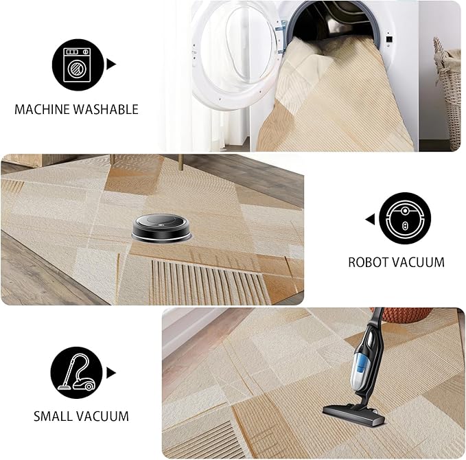 Minimalist Abstract Area Rug 2x3 Brown Boho, Modern Washable Stripe Art Rugs, Soft Non-Slip Low-Pile Carpet for Living Room, Bedroom, Kitchen, Dining Room, Pet Friendly, Non-Shedding, Beige