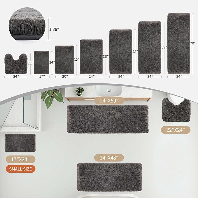 Bathroom Runner Rug 24x70 Dark Grey Non Slip Fluffy Long Bath Mat for Bathroom Floor Washable Plush Luxury Bath Rug for Tub Absorbent Shower Sink Mat Bedside Rug