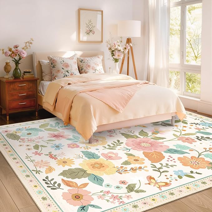 Floral 8x10 Area Rug Machine Washable Soft Print Boho Carpet Non Slip Doormat Low Pile Flower Area Rugs for Living Room Bedroom Nursery Kitchen Dining Room Indoor-Beige/White/Orange