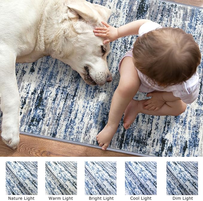 Modern Abstract Runner Rug 2x10, Grey Blue White Washable Long Kitchen Runner Non-Slip Soft Hallway Rug Runner Thin Print Faux Wool Carpet for Entryway Bedroom Laundry Room Indoor Home Decor