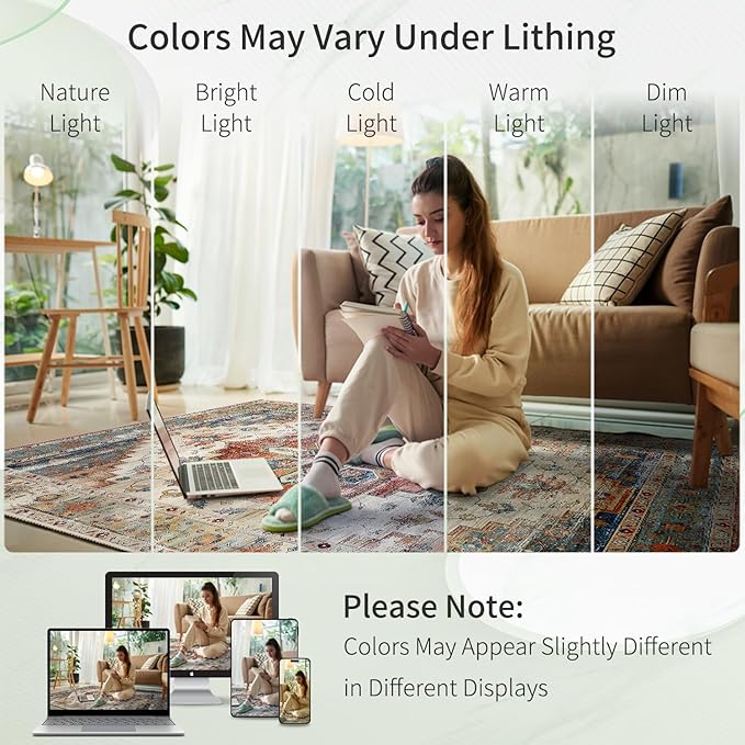 Enkor Area Soft Rugs 4x6 Washable Non Slip Boho Floor Rugs for Living Room Bedroom, Vintage Style Farmhouse Mat for Kitchen Entryway Beige & Red