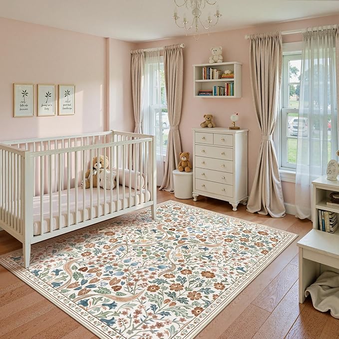 Lahome Floral 5x7 Beige Bedroom Rug, Non-Slip Washable Area Rugs for Nursery, Botanical Soft Boho Carpet Floor Mats for Kids, Playroom, Living Room