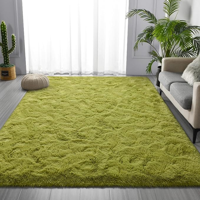Shag Area Rug, 4 X 6 Plush Fuzzy Rugs for Living Room, Ultra Soft Fluffy Furry Rug for Bedroom, Indoor Carpet Nursery Rugs for Kids Room Home Decor, Green