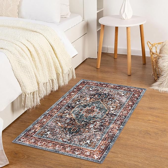 KOZYFLY Small Area Rug 2x3 Ft Rugs for Entryway Washable Boho Entry Rug Non Slip Door Mat Indoor Entrance Faux Wool Vintage Printed Kitchen Rug Throw Rugs for Entrance Kitchen, Brick Red/Orange/Green