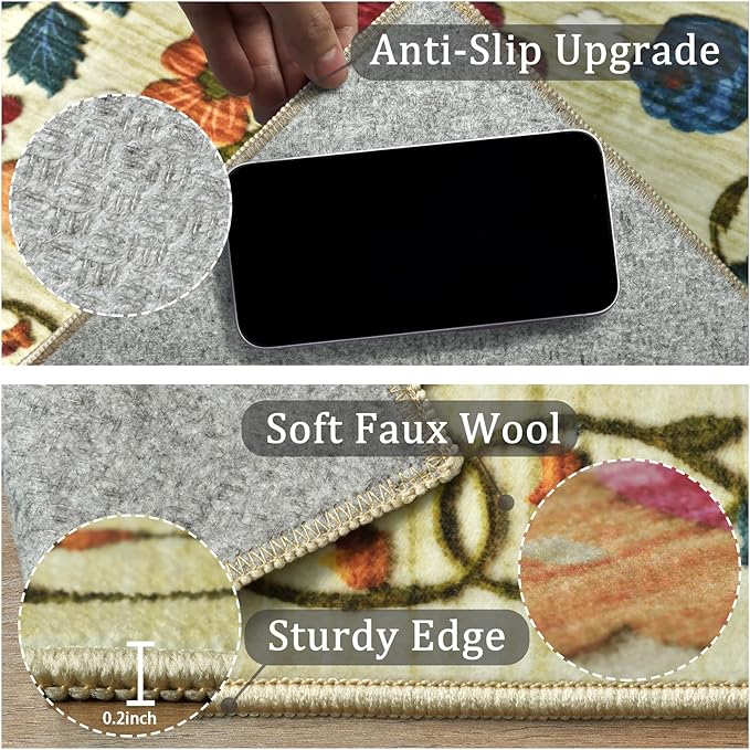 4x6 Machine Washable Area Rug for Living Room, Green Vintage Boho Floral Rug Large Non-Slip Low Pile Soft Faux Wool Carpet, Kids and Pets Friendly for Bedroom Dining Room Farmhouse Home Decor Rug