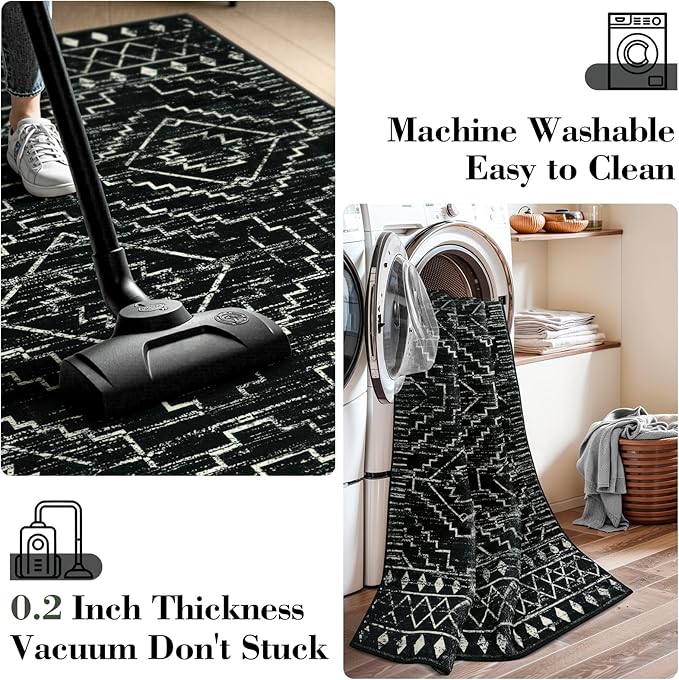 Wonnitar Moroccan Bathroom Rug,Washable 2x3 Small Bath Mat, Boho Tribal Soft Kitchen Sink Mat, Non-Slip Geometric Entry Way Rug, Low-Pile Indoor Carpet for Bedside Entrance Laundry (Black,2'x3')