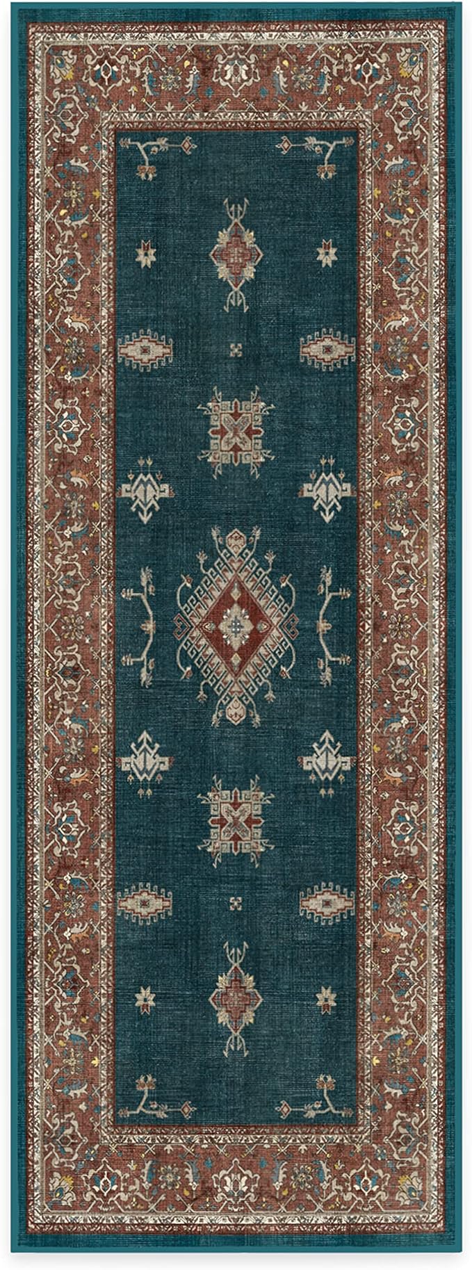 RUGGABLE Washable Vintage Runner Rug – Verena Teal Blue 2.5x7, Stain-Resistant, Non-Slip Hallway Runner – Machine Washable Rug for Hallway, Entryway, Living Room & Kitchen–with Standard Pad