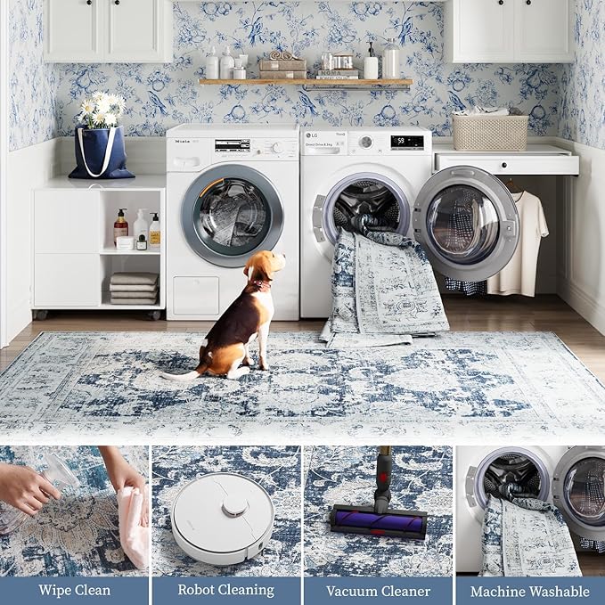 jinchan Fiora Runner Rug 2x6 Machine Washable Hallway Rug Dark Blue Vintage Floral Print Non-Slip Low Pile Ultra-Thin for Kitchen, Entryway, Laundry Room, Bedroom, Farmhouse (2‘x6’, Dark Blue)