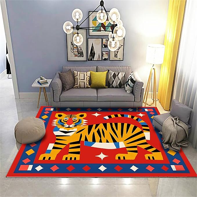 Jungle Animal Area Rug,6x8ft,Unique Design Tiger Print Rug With Geometric Pattern，Bohemian Style Animal Tiger Print Pattern Colorful Rug,Washable Non-Slip Rug for Living Room Classroom Nursery Decor