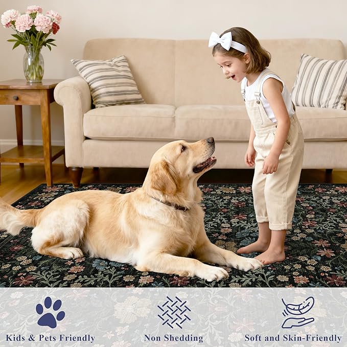 DUKINO 2x5 Washable Runner Rug, Floral Non Slip Bathroom Rugs with Soft Low Pile Design, Lightweight Non-Shedding Carpet Runner for Bathroom, Kitchen, Hallway, Bedroom, Laundry, Dark Blue