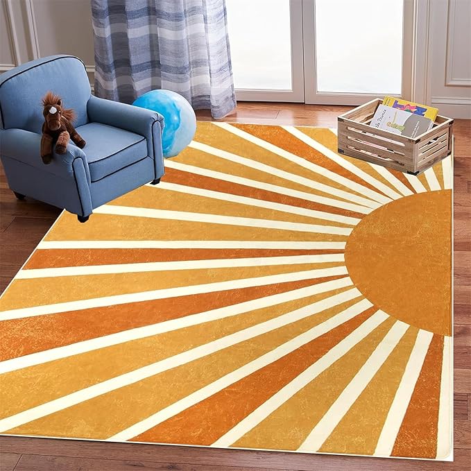 Rainbow Sun Area Rug,3x4ft,Boho Kids Room Area Rug, Living Room Decorative Rainbow Rug for Kids Girls Boys Bedroom, Living Room, Classroom, Office Non-Slip Washable