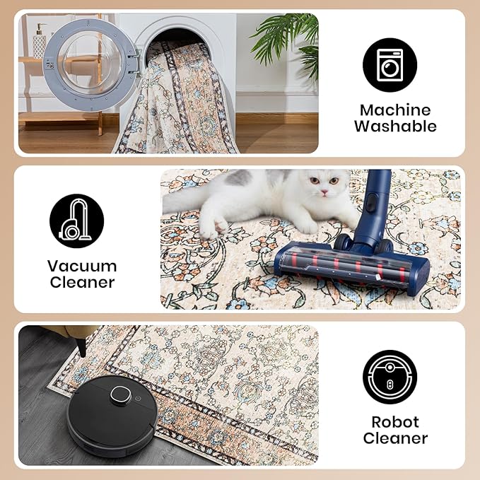 Area Rug for Living Room, 8x10 Machine Washable Non Slip Large Faux Wool Throw Rug, 0.3″ Low Pile & Non-Shedding Boho Large Carpet Rugs for for Dining Room, Bedroom, Office (Khaki)