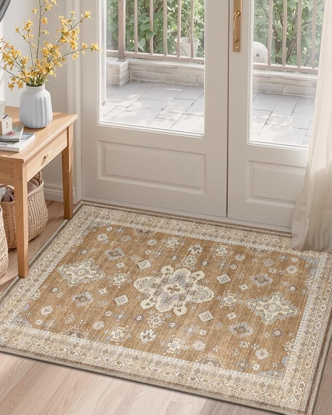 DEXI Area Rugs for Entryway 2x3, Washable Low Pile Vintage Traditional Entry Rug Non Slip, Small Indoor Door Mat for Bedroom Kitchen Entrance Hallway, Light Brown
