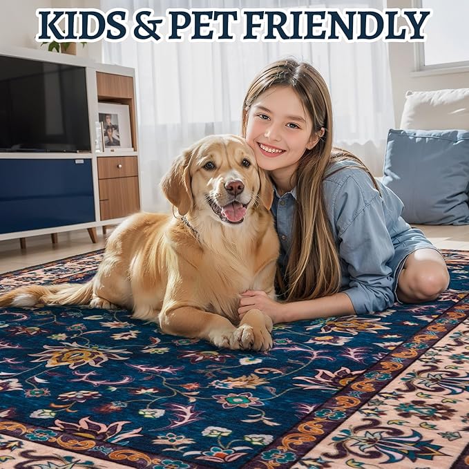 Tangsoo 5x7 Washable Rug, Floral Vintage Large Area Rugs for Living Room, Indoor Non Slip Print Floor Carpet, Soft Low Pile Machine Washable Rug for Bedroom Dining Room Dorm Home Decor Navy Blue