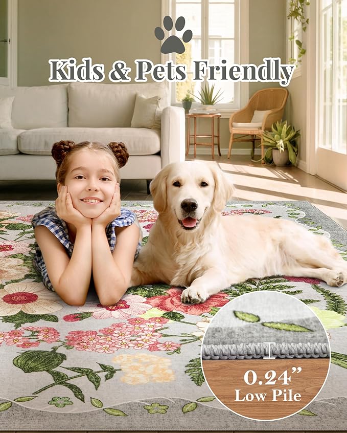 Floral Washable 5x7 Area Rugs - Living Room Rug Non Slip Low Pile Stain Resistant Carpets Indoor Vintage Flower Print Rug for Bedroom Dining Room Kitchen Home Office, Grey