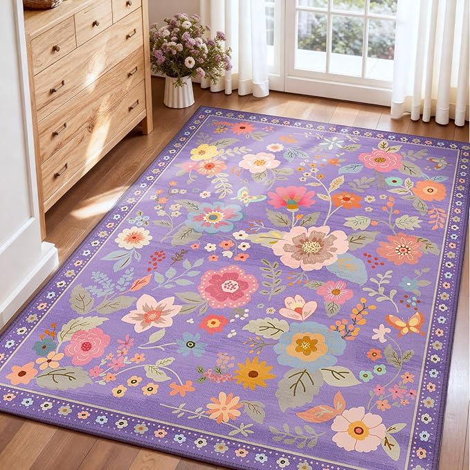 Floral 3x5 Area Rug Machine Washable Soft Print Boho Carpet Non Slip Doormat Low Pile Flower Area Rugs for Living Room Bedroom Nursery Kitchen Dining Room Indoor-Purple/Pink/Multi