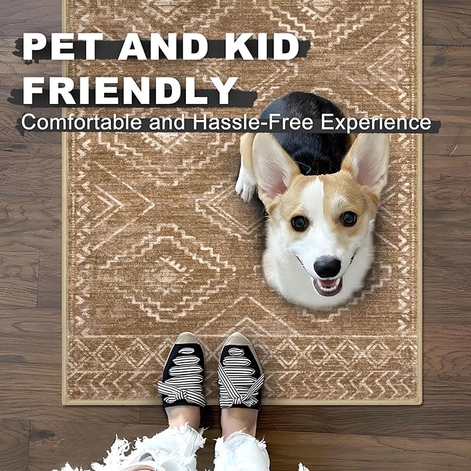 KILOCOCO Boho Kitchen Runner Rug 2x5 Washable Runner Rug, Soft Runners for Hallways Non Slip Printed Distressed Laundry Room Rugs, Low-Pile Rugs for Entryway/Bedroom/Living Room, Yellow Brown Orange