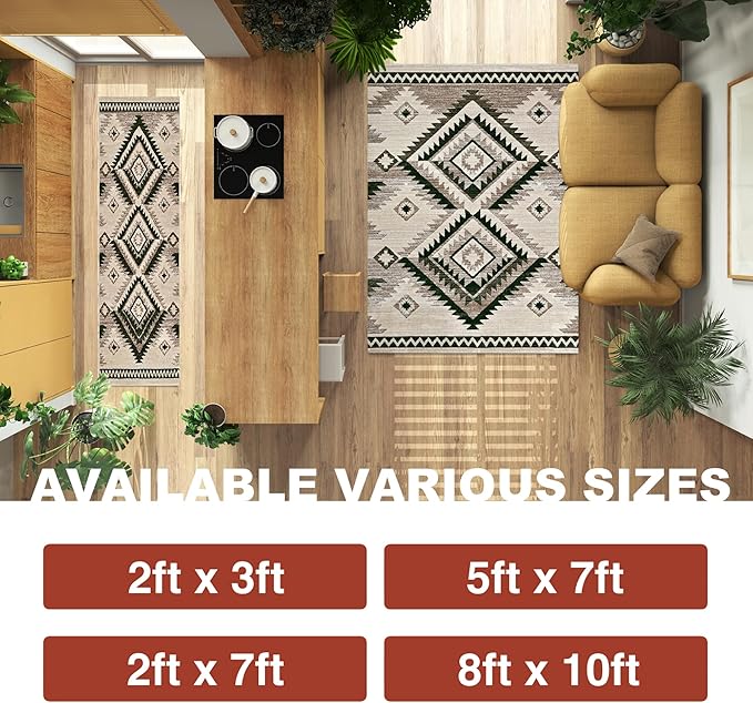 YHSF South West Native American Rug Ritz – Native Tribal American Indian Inspired Rug - Living Room, Bedroom, Hallway, Entryway & High-Traffic Area Rugs - Washable - Soft - Olive, 2 Feet x 7 Feet