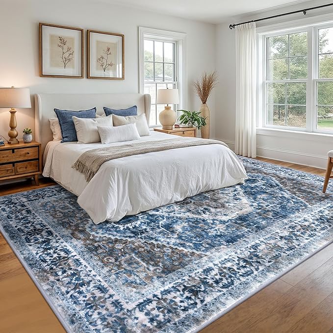 KOZYFLY Boho Area Rug 9x12 Ft Thin Rugs for Living Room Washable Bedroom Rug Non Slip Rugs for Living Room Blue Printed Faux Wool Vintage Bedroom Rug Floor Carpet for Dining Room