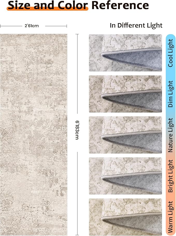 Art&Tuft 2x6 Runner Rug - Washable Runner Rugs, Non-Slip Runner Rug for Hallway, Low-Pile 2x6 Rug Runner Kitchen Laundry Room Rug Throw Carpet for Entrance Bedroom Living Room, Beige