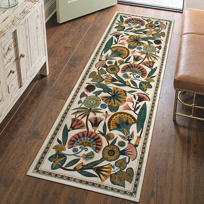 Washable Kitchen Runner Rug, Floral 2x6 Rug Runners for Hallways, Washbale Non Slip Beige Rugs, Soft Low Pile Carpet for Bedroom Entryway Laundry Room