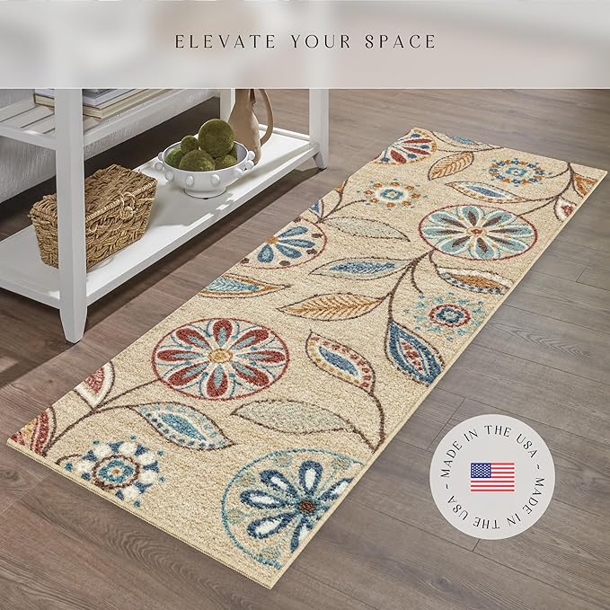 Maples Rugs Reggie Floral Runner Rug - Made in USA - Washable, Non Slip Indoor Carpet for Kitchen, Hallway, and Laundry Room, 2' x 5', Beige