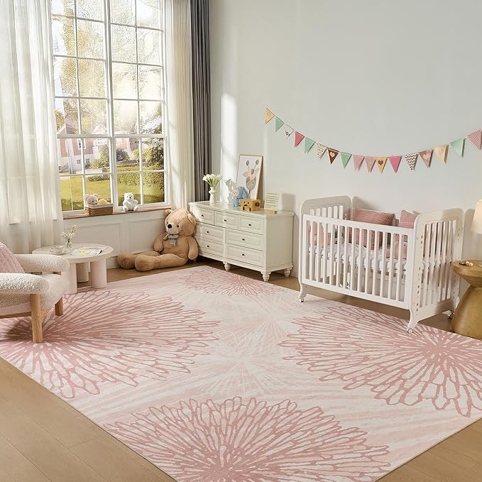WITSHOCK Pink Rugs 10x12 for Bedroom Girls,Floral Modern Distress Print Pattern Carpet for Living Room Dining Room,Stain Resistant Anti Slip Backing Rugs for Kids Room Nursery Playroom,Light Pink