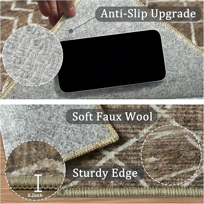 2x3 Machine Washable Area Rug for Entryway, Brown Vintage Moroccan Rug Non-Slip Low Pile Soft Faux Wool Small Carpet, Kids and Pets Friendly for Bedroom Kitchen Hallway Bedside Home Decor Rug