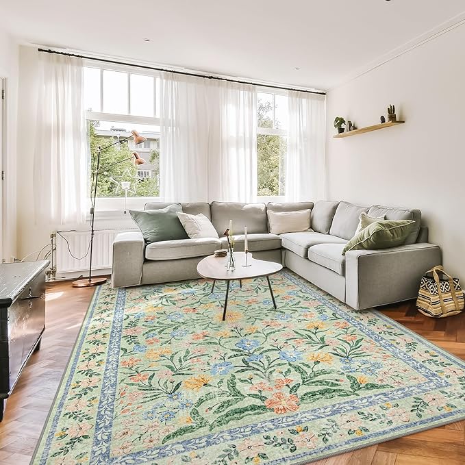 Morebes Boho Washable Area Rugs 8x10 Non Slip, Soft Floral Nursery Rug Girl Bedroom, Ultra-Thin Vintage Distressed Carpet for Living Room Dorm Aprtment, Green/Pink