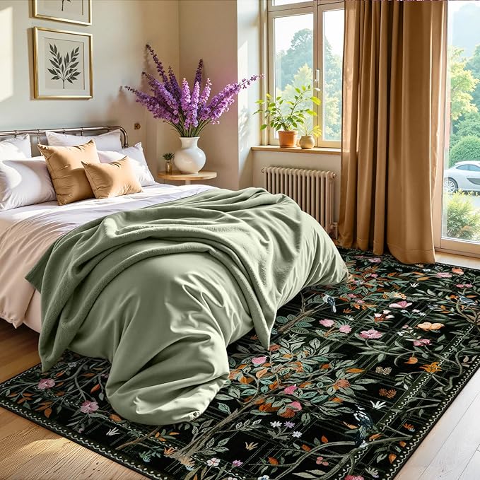 Morebes Black Boho 8x10 Area Rugs for Living Room, Washable Large Floral Rug Non Slip, Soft Flower Birds Low-Pile Floor Indoor Carpet for Bedroom Dining Room Dorm Playroom Nursery