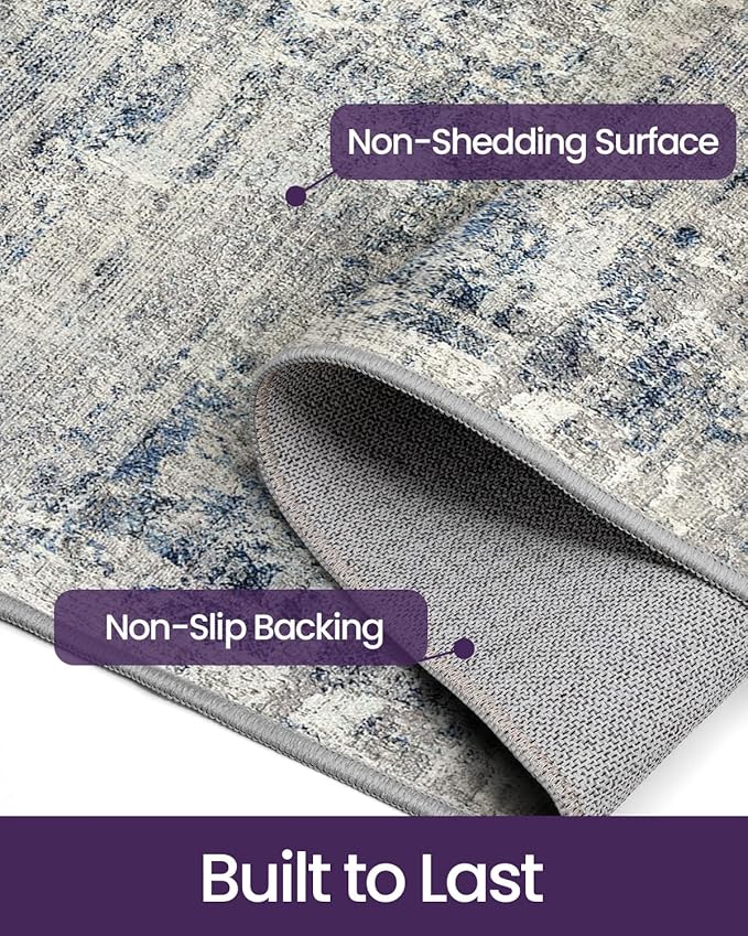 DEXI Hallway Runner Rug 3x8, Modern Abstract Non Slip Thin Soft Runners Carpet, Stain Resistant Washable Indoor Rug for Hallway Entryway Kitchen Laundry Room Living Room, Blue