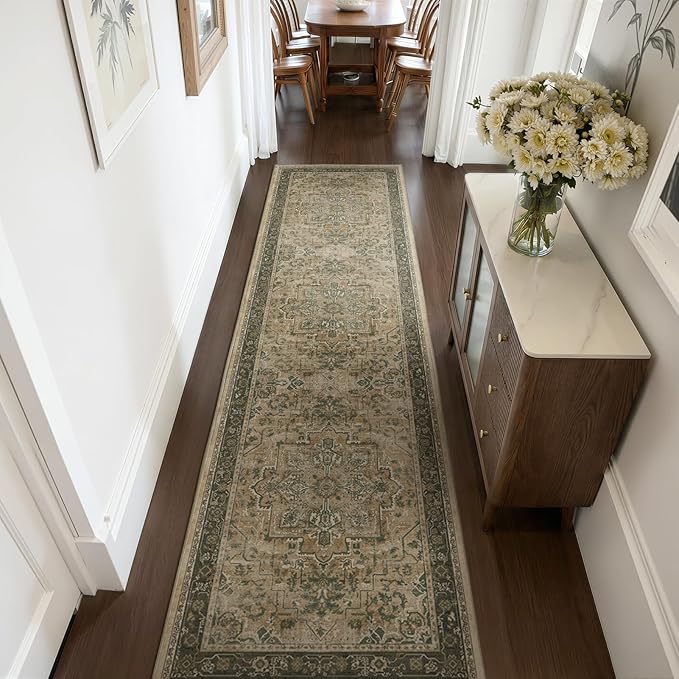 2'6''x8' Kitchen Runner Rug, Retro Distressed Moody Medallion Runners for Hallways Non Slip Washable, Low Pile Thin Entryway Runner Rug Indoor Foyer Mudroom Bedroom, Multi Brown/Olive