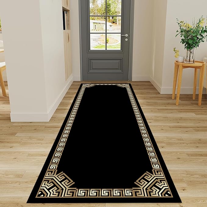 Greek Key Runner Rugs, 2x6ft, Vintage Traditional Tribal Black and Gold Color Stain Resistant Long Rug Runners, Entryways Non Slip Washable Sturdy Room Decor Mat for Kitchen Bedroom