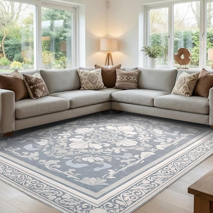 SOULFUL Medium Pile 8x10 Rugs for Living Room - Soft Foot Feel Large Area Rug - Greige Boho Floral - Washable Non-Slip - Perfect for Bedroom Kids Room Under Dining Table Office
