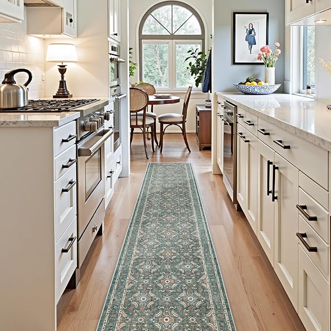 WITSHOCK 2x10 Long Runner Rug for Hallway,Washable Rug Distressed Boho for Bedroom Kitchen Entryway Indoor Entrance,Non Slip Runner Rugs with Rubber Backing（Teal Blue,2x10）