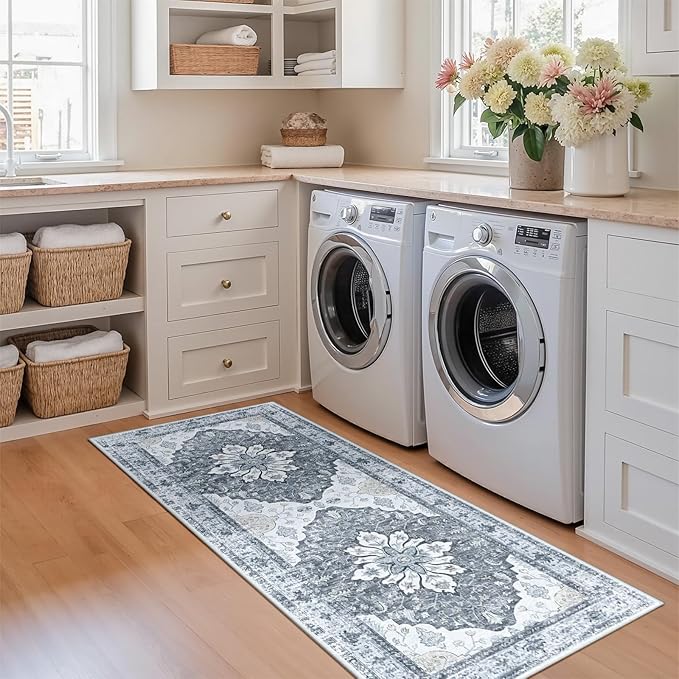 Area Rugs 2'x6' Washable Non-Slip, Floral Vintage Distress Print Pattern Medallion Carpet for Living Room Bedroom Dining Room, Light Gray Grey White
