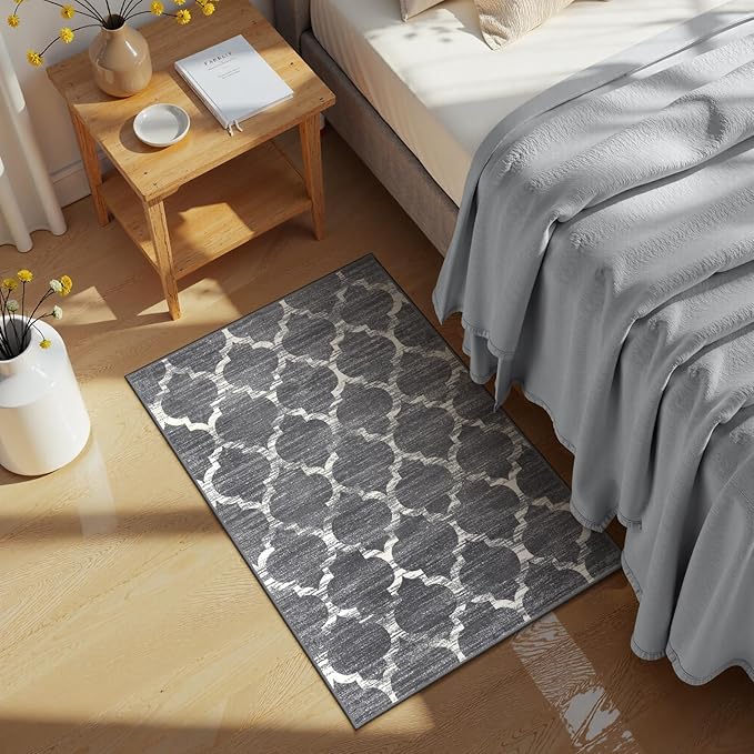 Lahome Moroccan Washable Entry Rug - 2x3 Small Throw Kitchen Rugs Non-Slip Soft Area Rugs for Bedroom Grey Distressed Bathroom Mats Indoor Doormat Carpet for Entryway Laundry Room Living Room Bedside