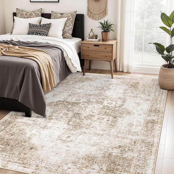 Area Rug 5x7 Washable Rug, Vintage Boho Medallion Rugs Non-Slip Soft Low Pile Large Distressed Rug Indoor Retro Carpet for Living Room Bedroom Dining Room Home Office (Brown, 5'x7')