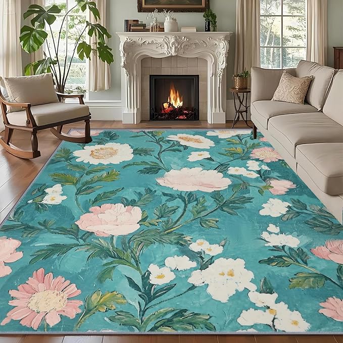 5x7 Floral Rugs, Modern Washable Flower Pattern Area Rug for Bedroom, Soft Large Non-Slip Door Mat Carpet for Living Room Office Dining Room - Teal Flower