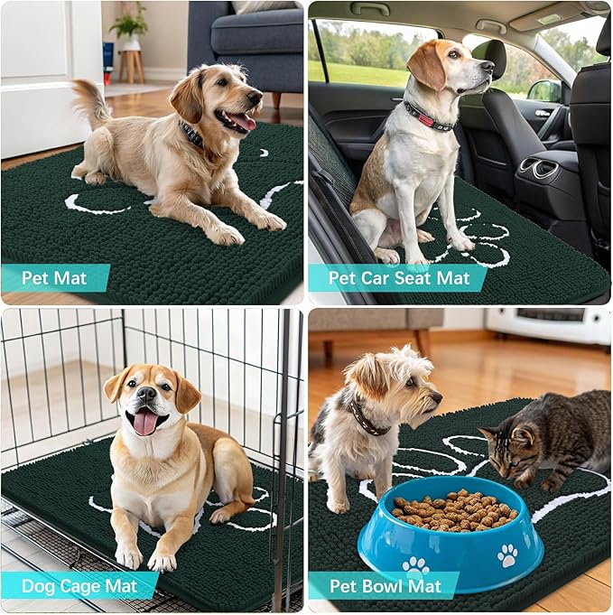 OLANLY Dog Door Mat for Muddy Paws 47x24, Paw Print Design, Absorbs Moisture and Dirt, Absorbent Non-Slip Washable Doormat, Quick Dry Chenille Mud Mat, Entry Indoor Entryway Carpet, Blackish Green