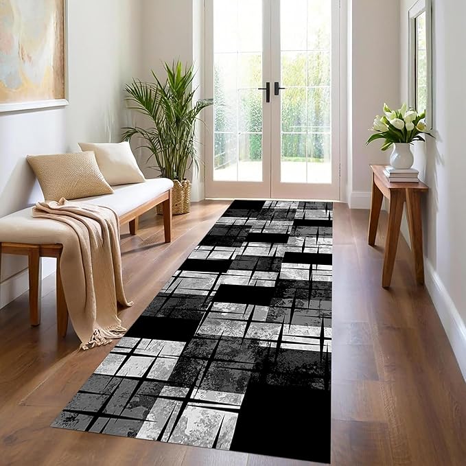Distressed Checkered Runner Rugs, 3.3x7ft, Washable Runner Rug with Rubber Backing, Soft Vintage Geometric Black Grey Floor Carpet for Front Door Home Office