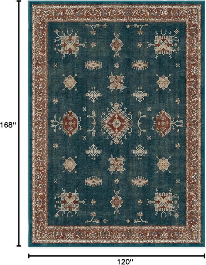 RUGGABLE Washable Vintage Area Rug – Verena Teal Blue 10x14, Stain-Resistant, Non-Slip – Large Machine Washable Rugs for Living Room, Bedroom, Hallway, Entryway & Office–with Cushioned Pad