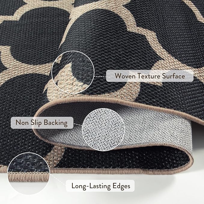 Lahome Moroccan 3x5 Outdoor Rug, Easy Jute Black Washable Rug for Entryway Front Porch, Geometric Trellis Woven Non Slip Door Mat for Entrance, Thin Non Shedding Farmhouse Throw Rugs for Balcony